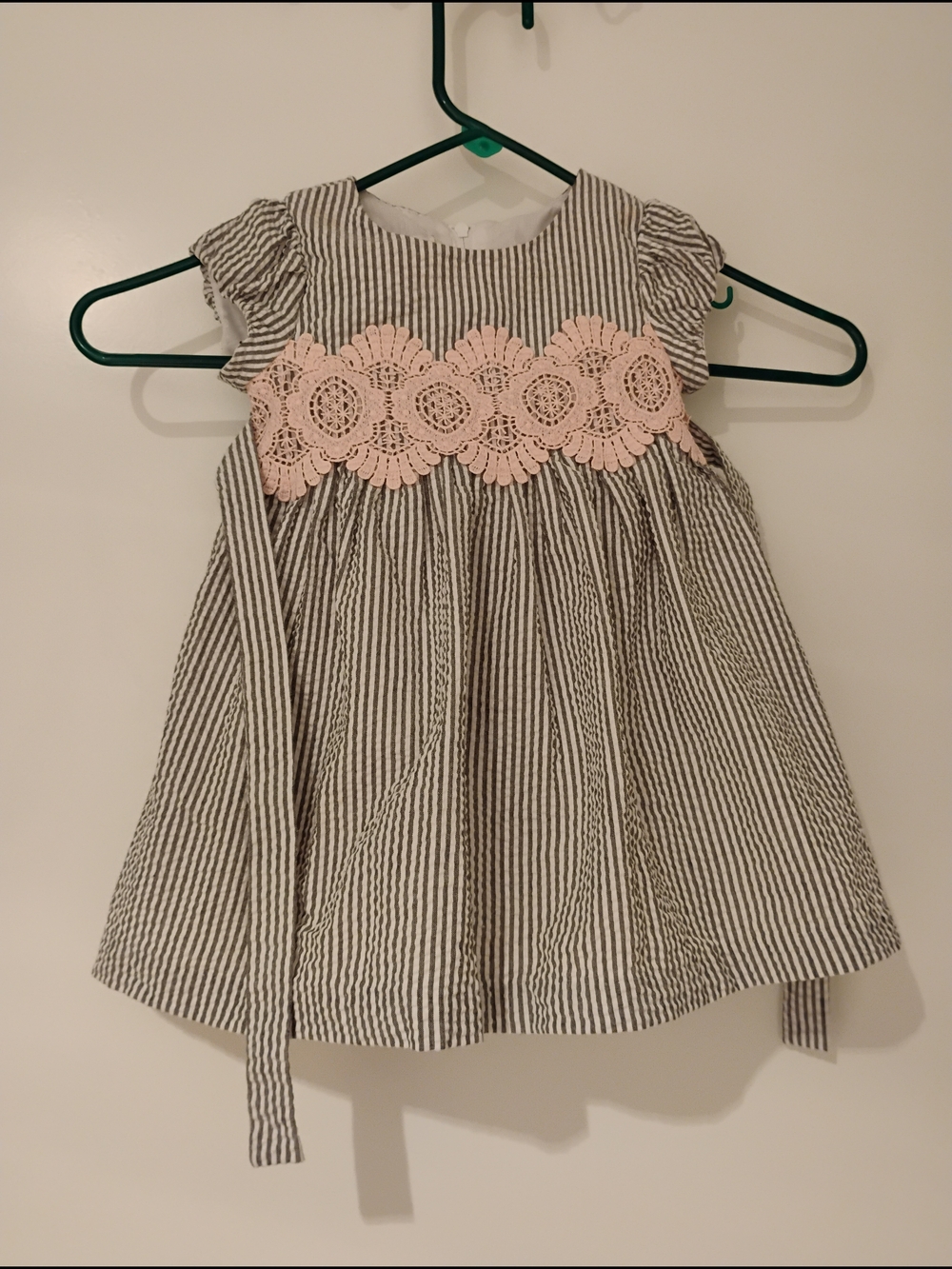 iris & ivy Gray-and-White Striped Dress with Pink Lace Trim